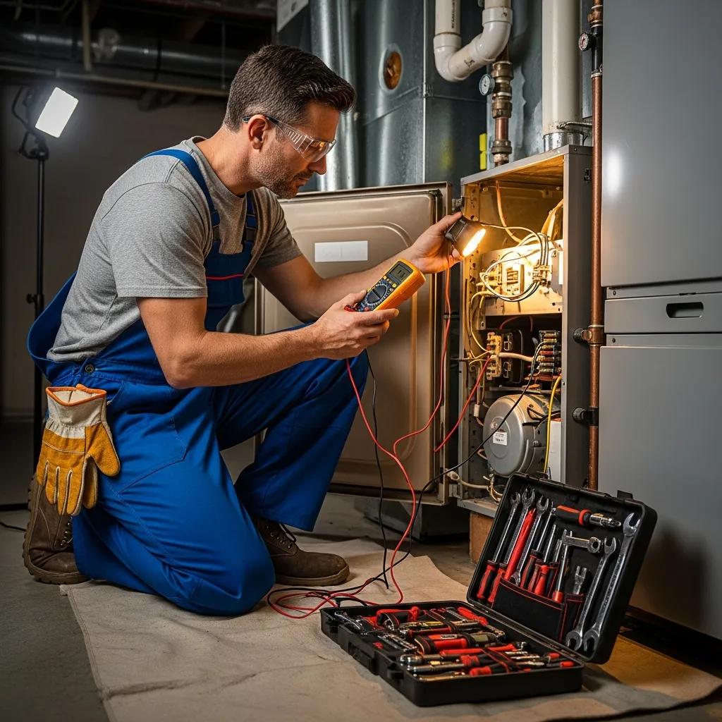 Professional furnace installer inspecting a heating system