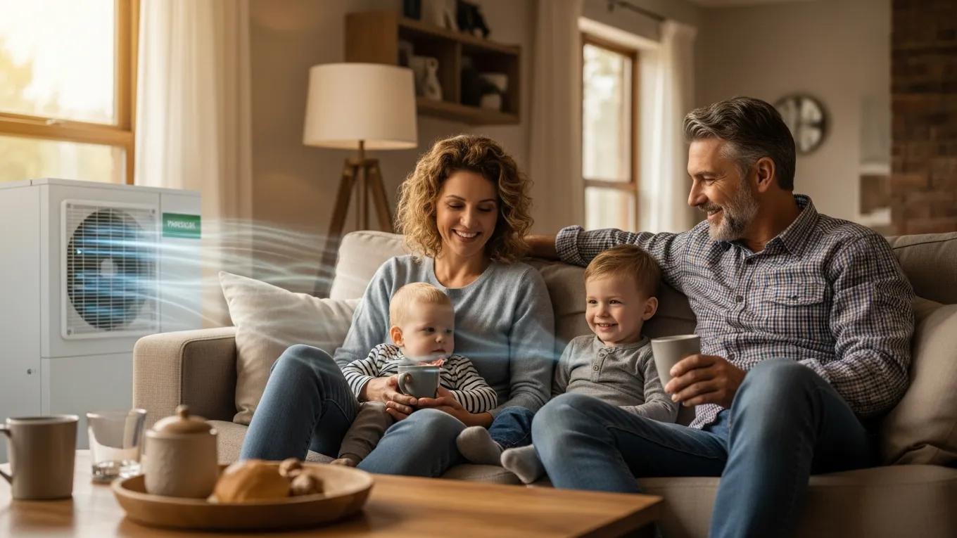 Family enjoying comfort in a cozy living room with a visible HVAC unit