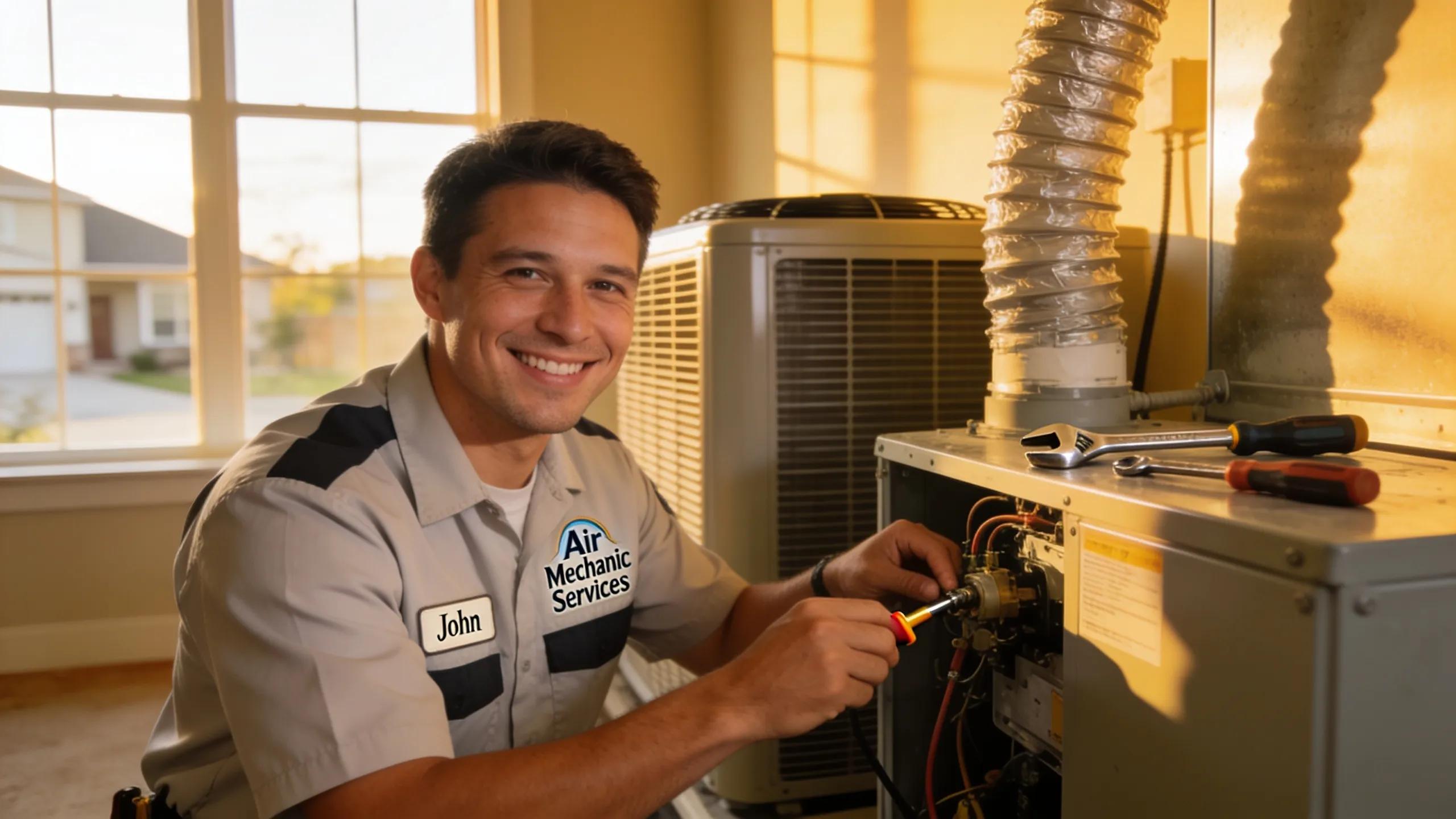 HVAC technician working on a system in a modern Katy home